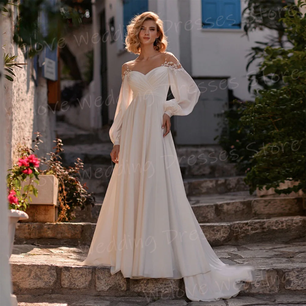 

Simple Generous A Line Women's Wedding Dresses Classic Appliques Bride Gowns New Popular Long Puff Sleeve Vestidos Novias Boda