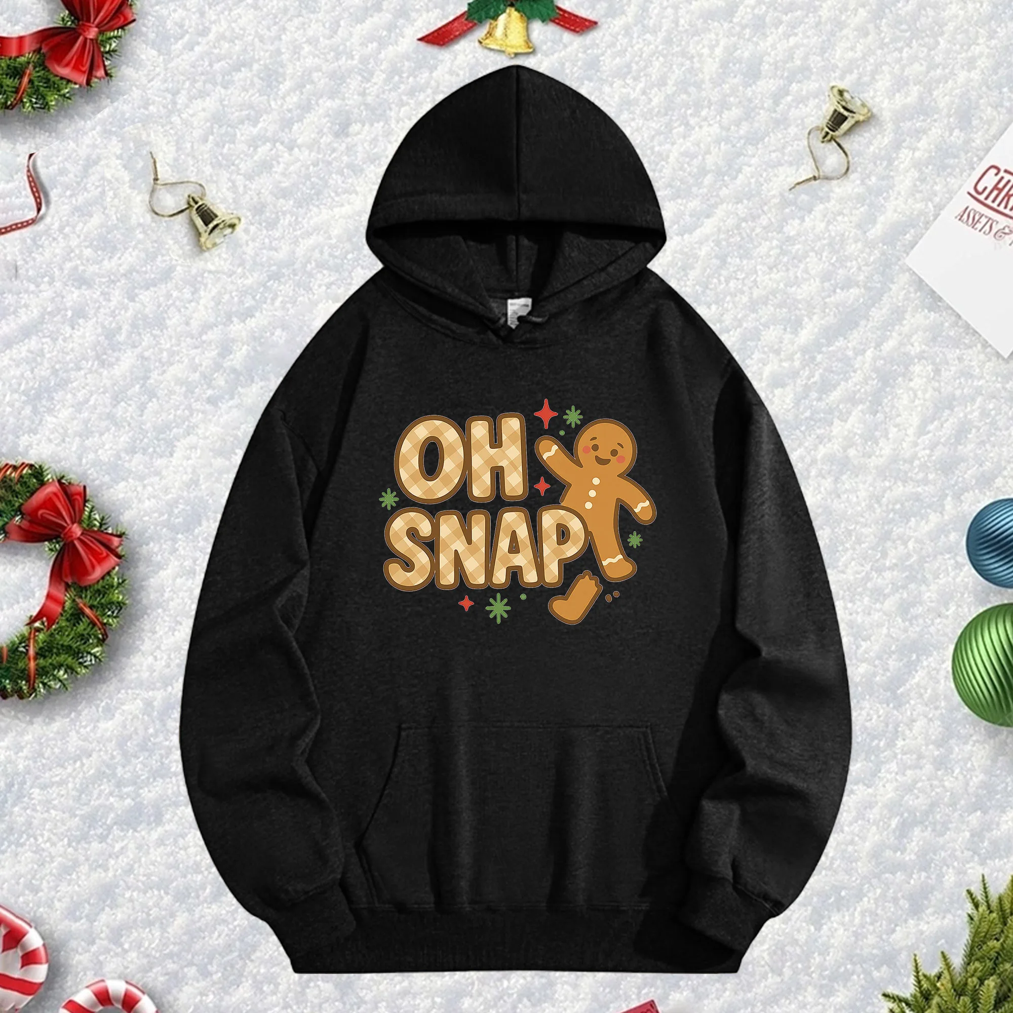 

OH SNAP Christmas 270G Черная толстовка унисекс, уютный флисовый пуловер для зимы, рождественского и новогоднего праздничного наряда