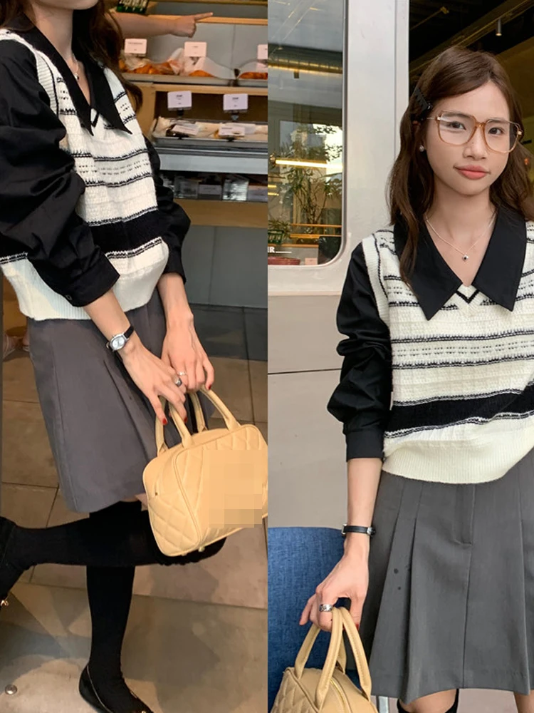 Coreano Sle empalme de punto ort irt V-Ne mujer Faion College Wind falso de dos piezas otoño nueva llegada diseño Retro