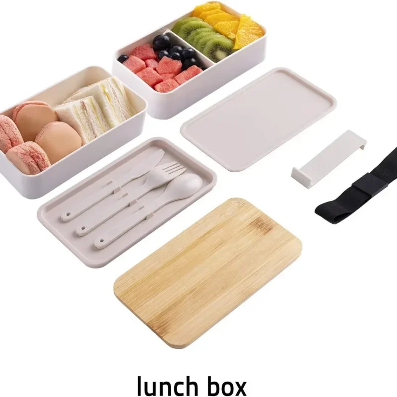 1200ML Divided Lunch Box Picnic Microwave Wooden Cover Japanese Bento Box Portable Double Layer Food Container for Kids