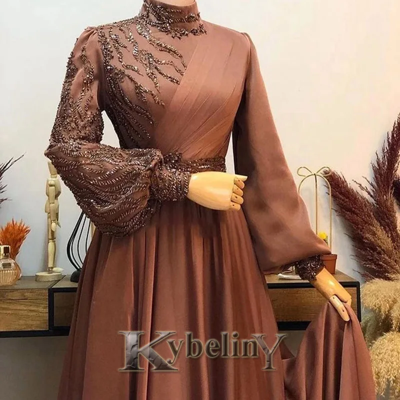 Kybeliny Muslim Brown HighNeck Evening Dresses Prom Robe De Soiree Graduation Celebrity Vestidos Fiesta Women Formal Customized