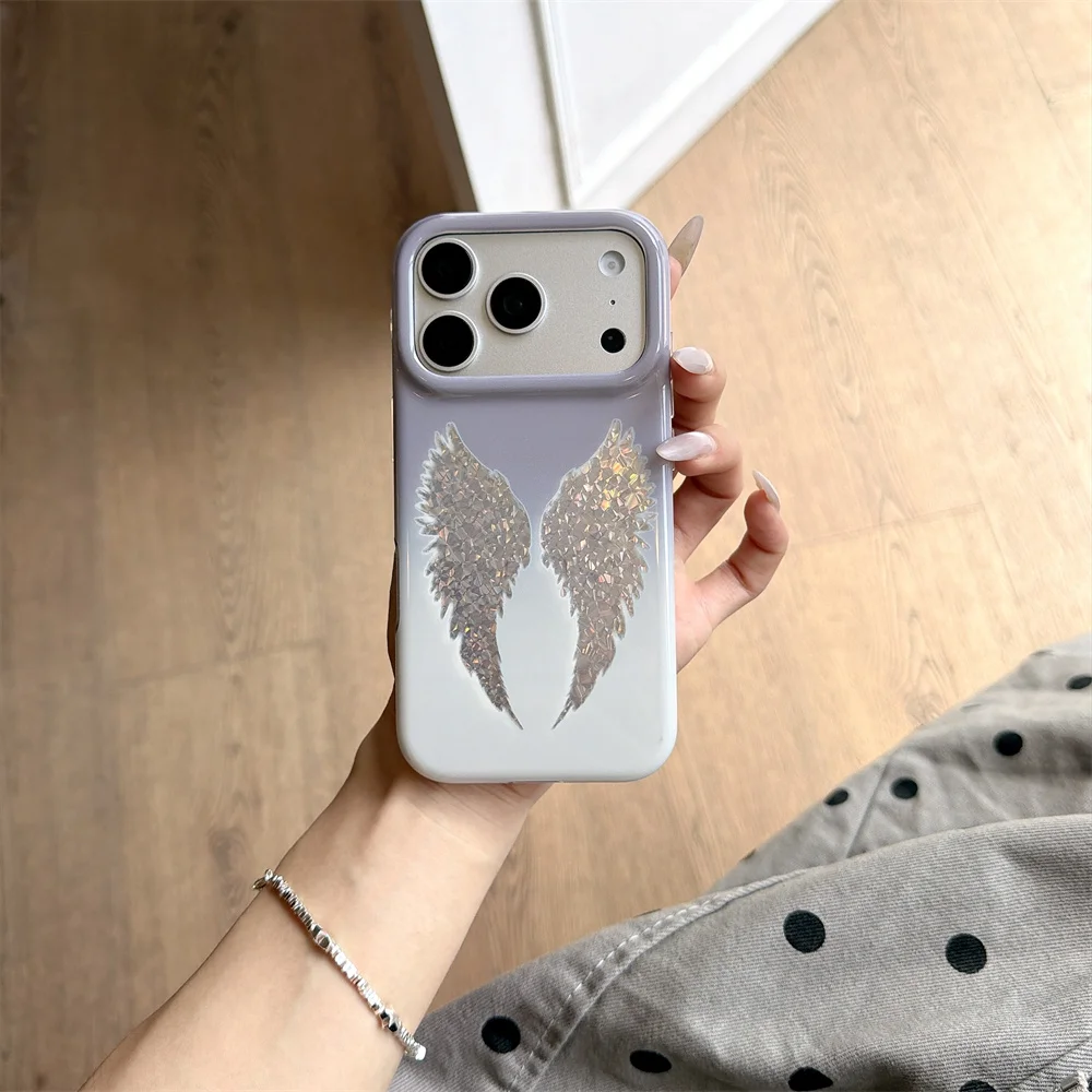 Korea Kawaii Glitter Angel Wing Phone Case For iPhone 18 Pro Max 18 Pro 17 16 15 Purple Gradient Soft TPU Shockproof Lens Cover