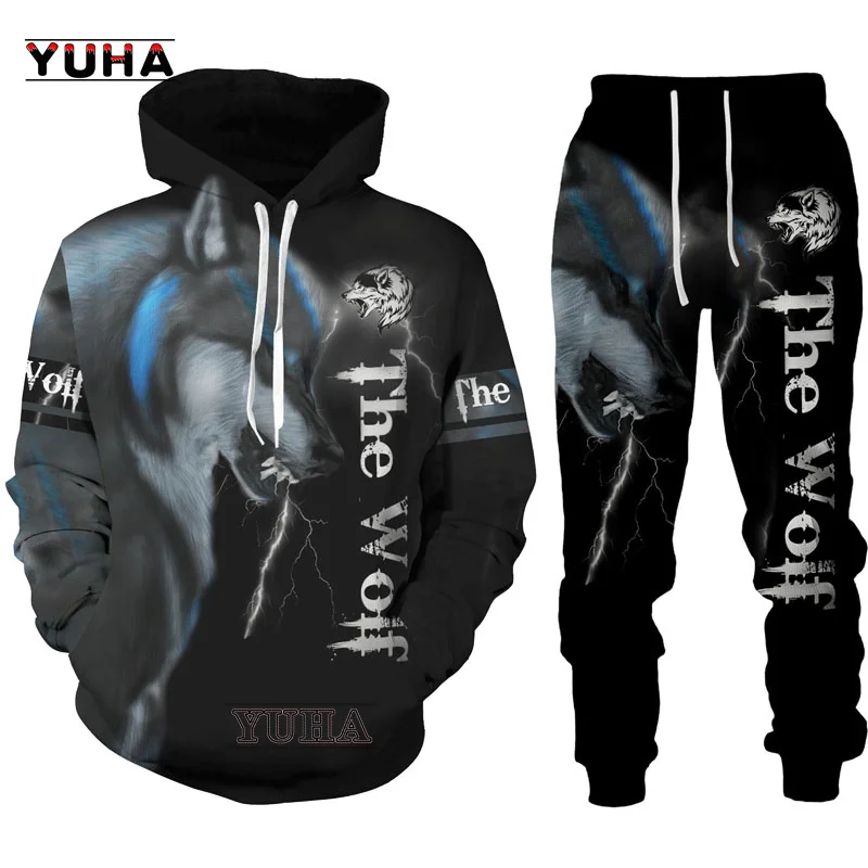 Autumn and Spring Wolf 3d Printed Hoodie Pants Suit Male Casual Sweashirt Pullover Men Tracksuit Set Fashion Men\'s Clothing Suit