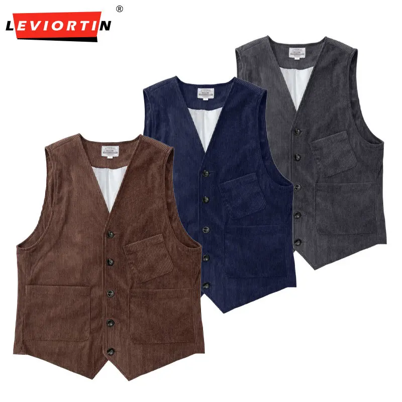 Men's Vintage Corduroy Vest British Style Business Casual Sleeveless Waistcoat American Retro Gilet
