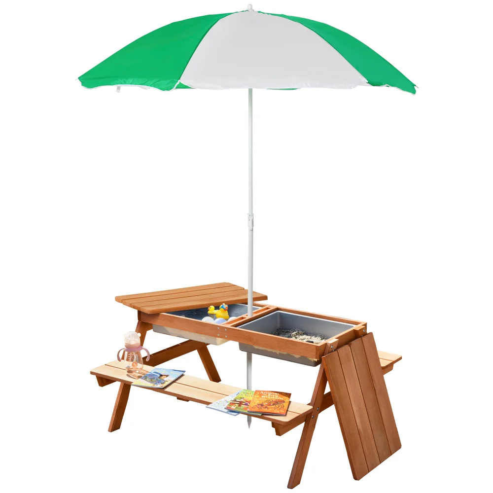 Kids Picnic Table with Umbrella and Storage Inside, Sand and Water Table, Kids Outdoor Furniture, Wooden Bench Backyard