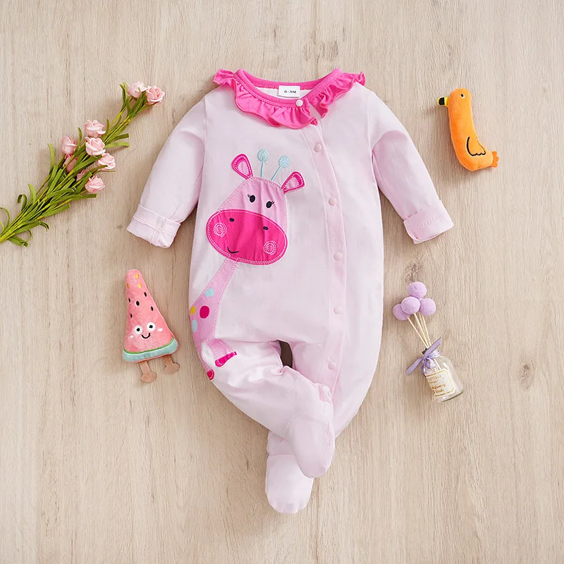 Newborn Spring and Autumn Long sleeved Cute Giraffe Foot Wrap jumpsuit Cute Girl Baby jumpsuit