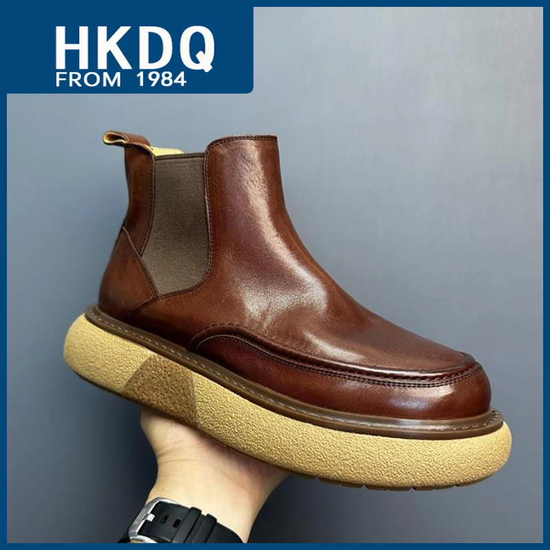 HKDQ High Quality Retro Men\'s Chelsea Boots Fashion Casual Platform Man Ankle Boots Outdoor Non-slip High Top Slip-on Boots Men