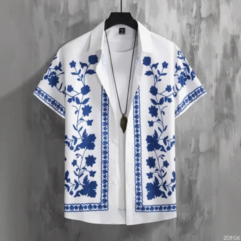 Kemeja Hawaii Baru Kemeja Lengan Pendek Cetak Digital Kemeja Kasual Pria Betis Musim Panas