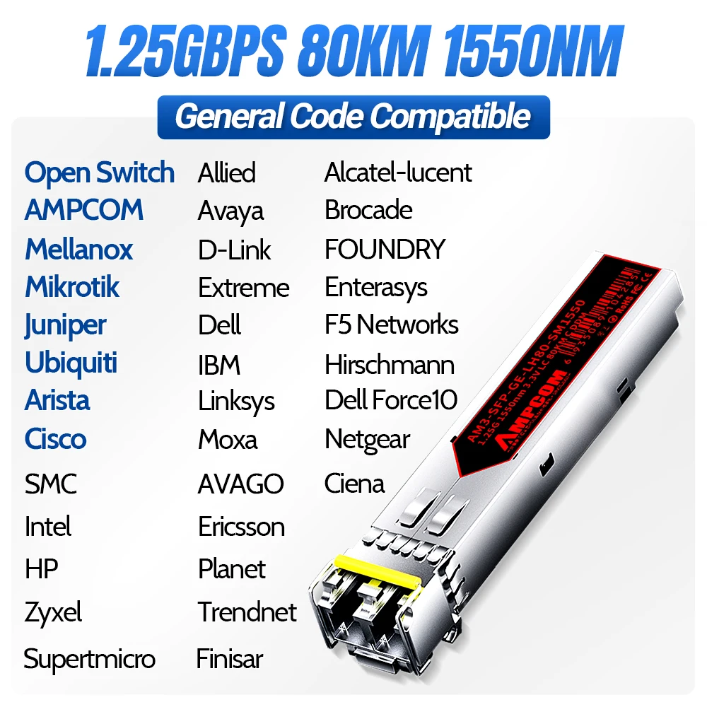AMPCOM 1.25G SFP LC Transceiver Module Duplex Glasvezel 1000Base-LX/LH DDM 10KM/20KM/40KM/60KM/80KM