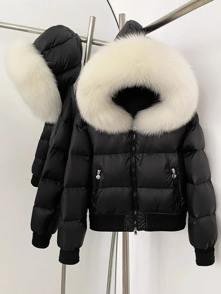 ZMEENNA المرأة أسفل سترة منتفخة هود حقيقية الفراء تقليم معطف الشتاء القصير الدافئة مبطن أبلى مع الأصفاد مضلع ZM3827