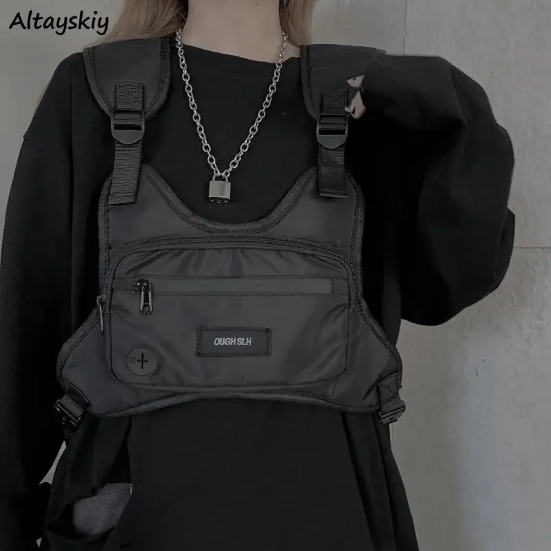 Women Cargo Vests Couples Harajuku Sleeveless Short Jackets Multi-function Black Waistcoats Handsome High Street Loose Outerwear