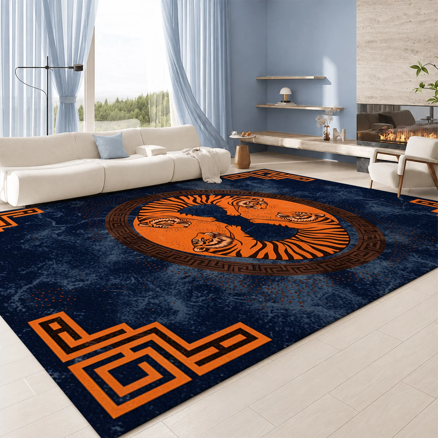 Tiger Circular Greek Key Pattern Area Rug Velvet Machine Washable Soft Plush Floor Covering for Living Room Bedroom Entryway Dining Room Halloween Thanksgiving Christmas Black Friday New Year Decor