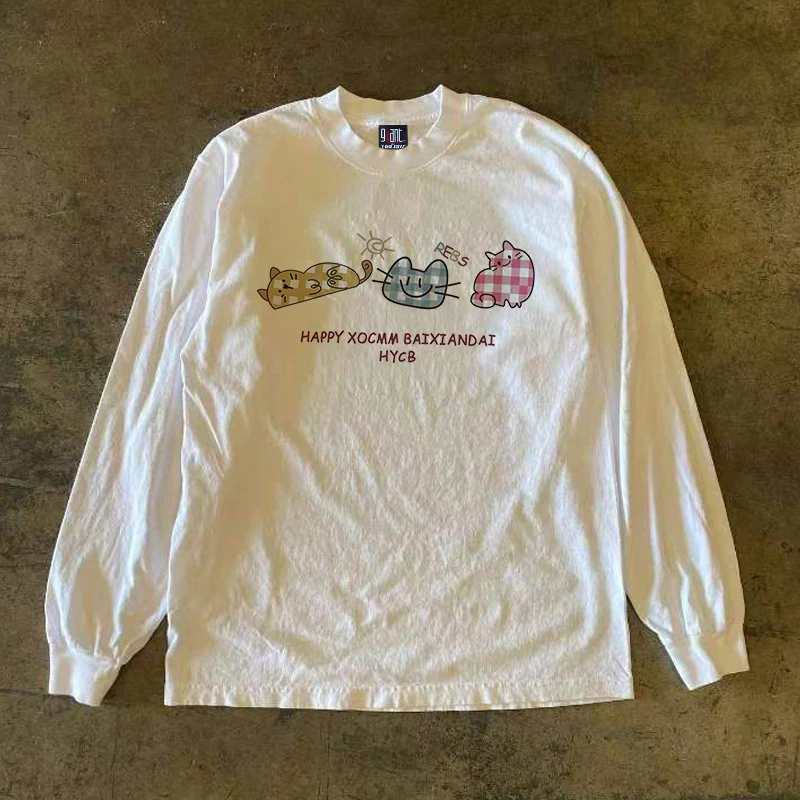 

Heavyweight 300g Pure Cotton Long Sve T-irt 90s Design Couple Sle Versatile Cute Print Handkerchief Accory