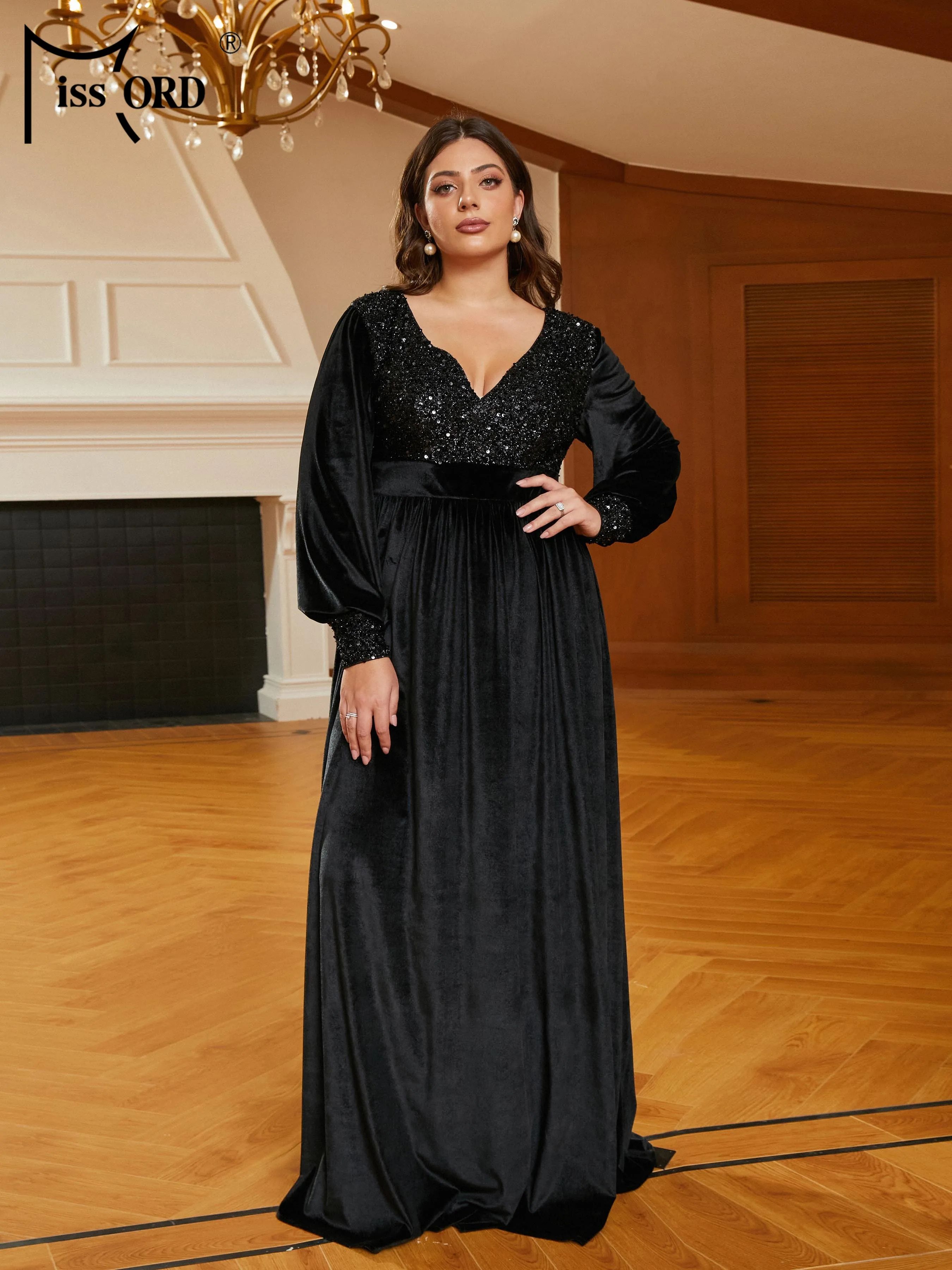 Missord New Plus Size Sequin Black V-Neck Long Sleeve  A-line Prom Evening Formal Occasion Dresses