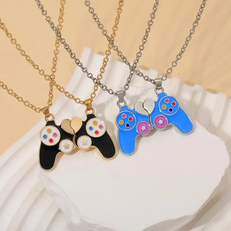 Couple Magnetic Game Controller Necklaces 2Pcs Minimalist Enamel Matching Heart Pendant Jewelry for Best Friend Gifts