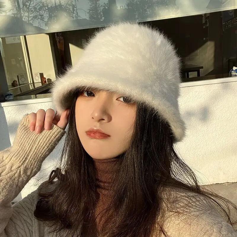 

Japanese Style Retro Solid Color Shaded Rabbit Fur Bucket Women's Korean Style Warm Fisherman's Cap Big Head