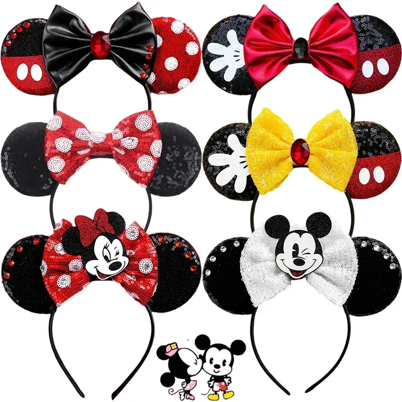 

Disney Classic White Dots Red Bow Minnie Headbands For Girls DIY Festival Hair Accessories Women Mickey Ears Hair Bands Kid Gift