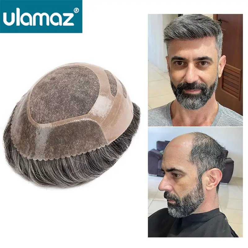 

Men's Capillary Prosthesis Mono Wigs Human Hair Toupee For Men Durable Bond Hair System For Man Grey Hair Male Hair Prosthesis