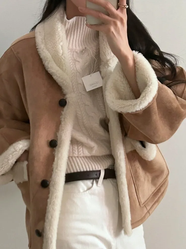 

Корейская зимняя винтажная мягкая двусторонняя одежда из замши с мехом ягненка и воротником из хлопка, женская модная одежда для поездок на работу