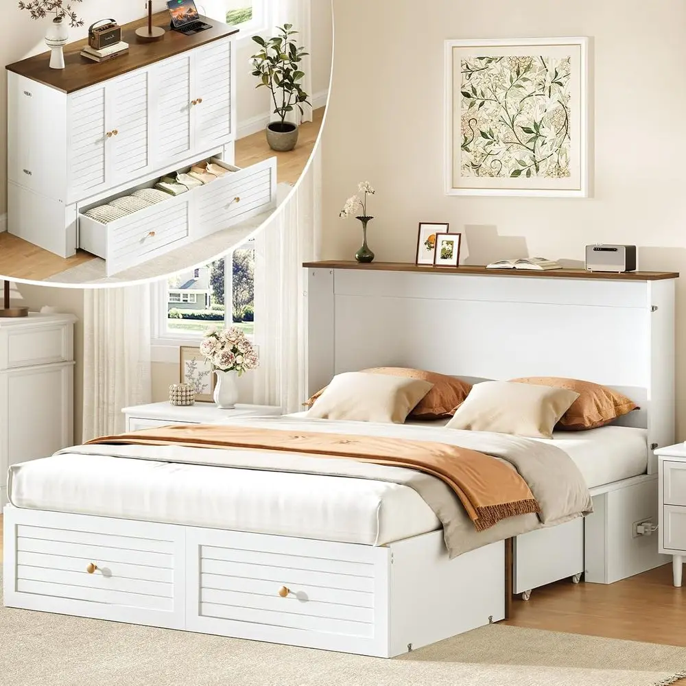 

Elegant Queen Murphy Bed with Charging Station, Storage, and Desk - Versatile Space-Saving Furniture for Bedroom, Living Room, a