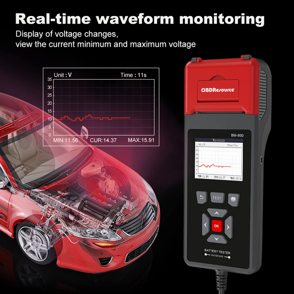 

BM800 Car Battery Tester with Printer Battery Analyzer 6V 12V 24V Startup Test Charging Test Max Load Test Diagnostic Tool