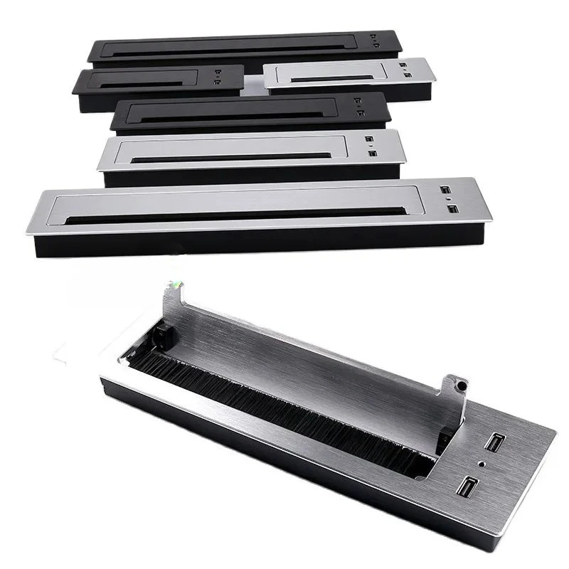 

Aluminum Rectangle Desktop Cable Thru Grommet Soft Buffer Flap Cover USB Brush Silver Black