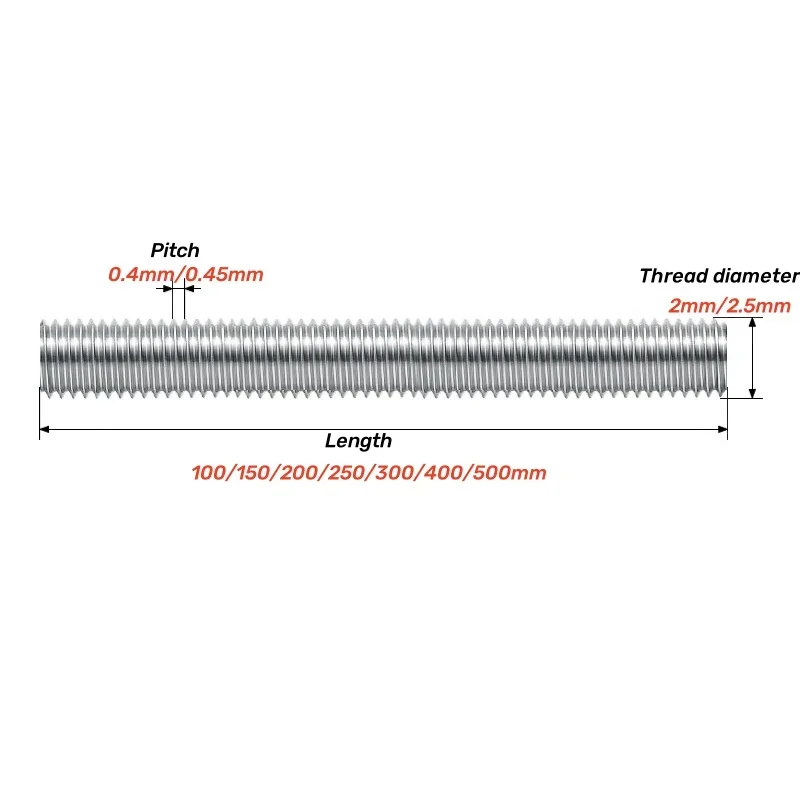 5Pc Mini M2 M2.5 Full Threaded Rod Fully Metric Thread Rods Screws 304 Stainless Steel Bolt Stud L=100/150/200/250/300/400/500mm
