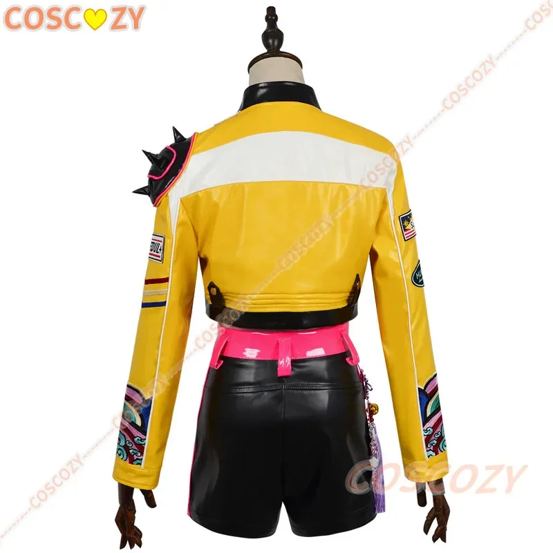 Disfraz de Rumi, peluca bordada, chaqueta de cuero PU amarilla, pantalones cortos, KPop Demon Hunters Huntrix, uniforme, pendientes, accesorios, traje