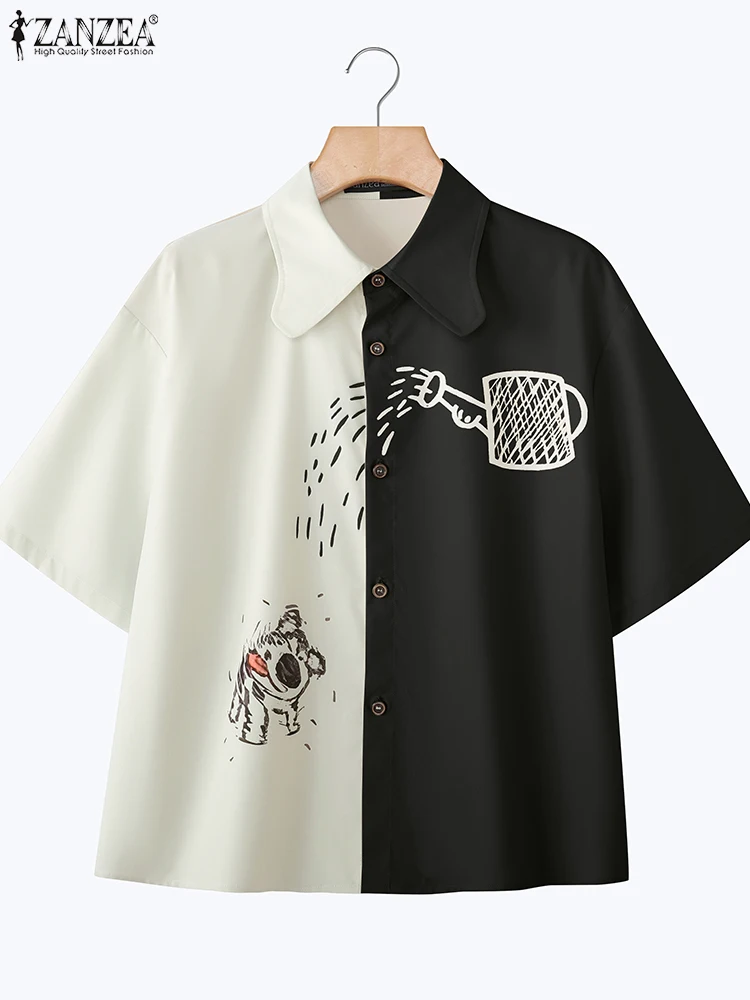 

ZANZEA Fashion Printed Shirts Women Short Sleeve Patchwork Blusas Turn-Down Collar Casual Loose Tunic Summer Tops Oversized