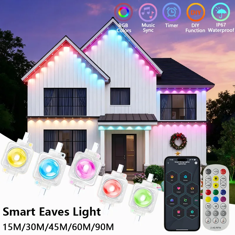 90M Smart Eave Lights IP67 Waterproof Permanent Outdoor LED String Lights App Remote Home New Year Christmas DIY Color Lighting