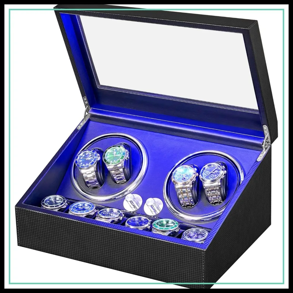 

4+6 Watch Winder for Automatic Watches, Super Quiet Motor, LED Backlight, 5 Rotating Modes, USB Power, Carbon Fiber Shaker