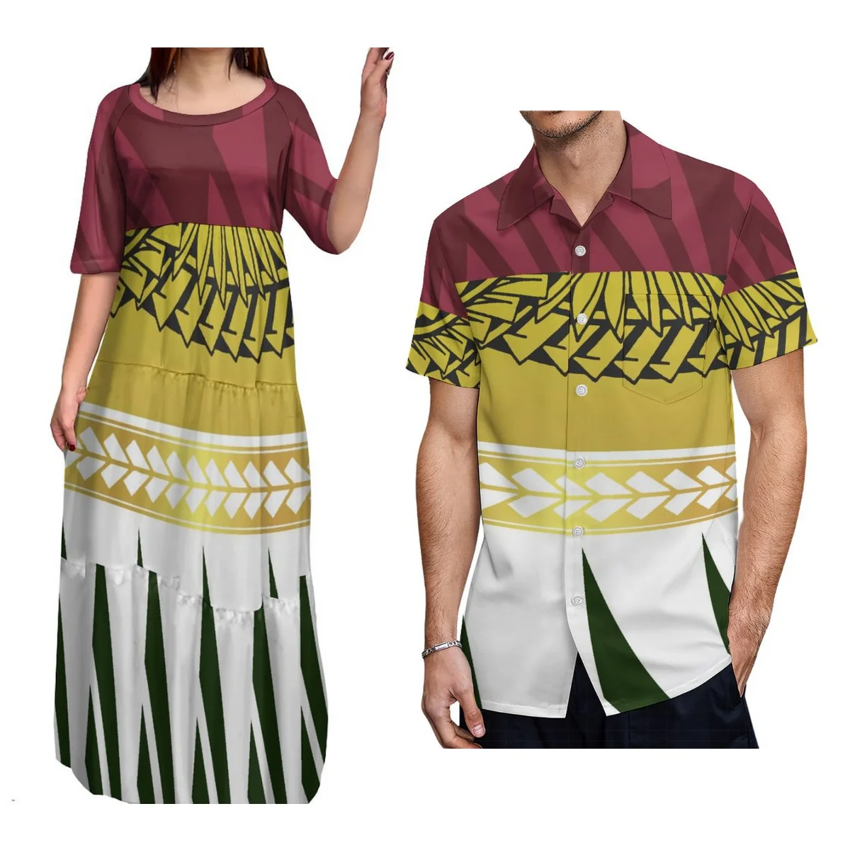 Vestido de Samoan estilo isla para mujer, maxifalda elegante con cuello redondo, camisa de hombre a juego, estampado artístico de diseño de isla polinesiana, 2024