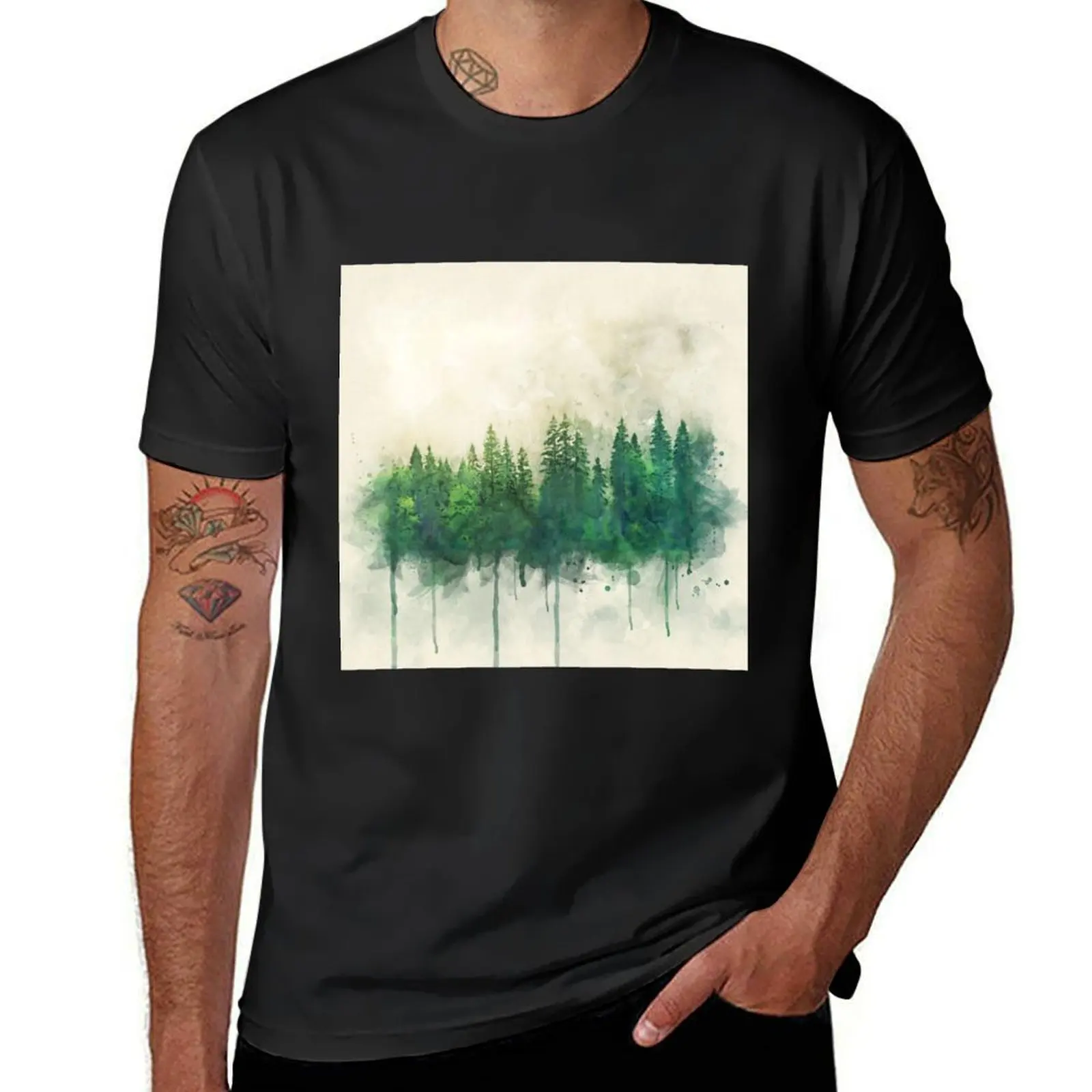 green forest watercolor painting T-Shirt summer clothes plus size tops vintage sweat plain black t shirts men