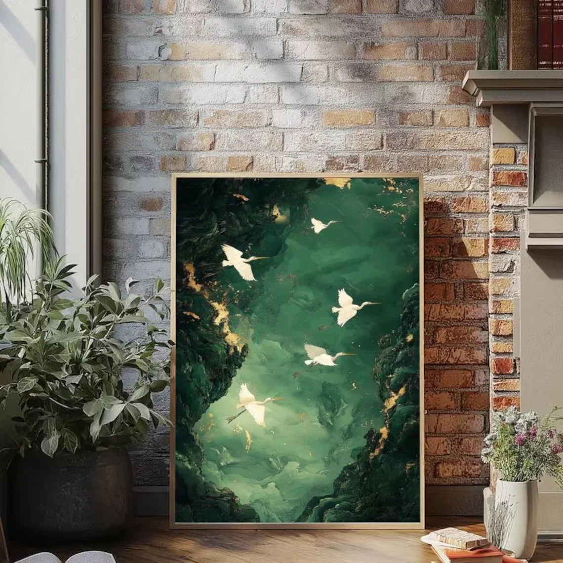 2026Green and Gold Wall Art, Flying White Herons Painting, Abstract Nature Canvas Print, Luxury Dark Green Decor, Large F