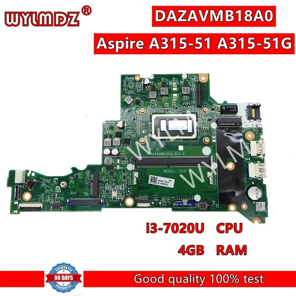 DAZAVMB18A0 With i3-7020U CPU 4GB-RAM Notebook Mainboard For ACER Aspire A315-51 A315-51G Laptop Motherboard