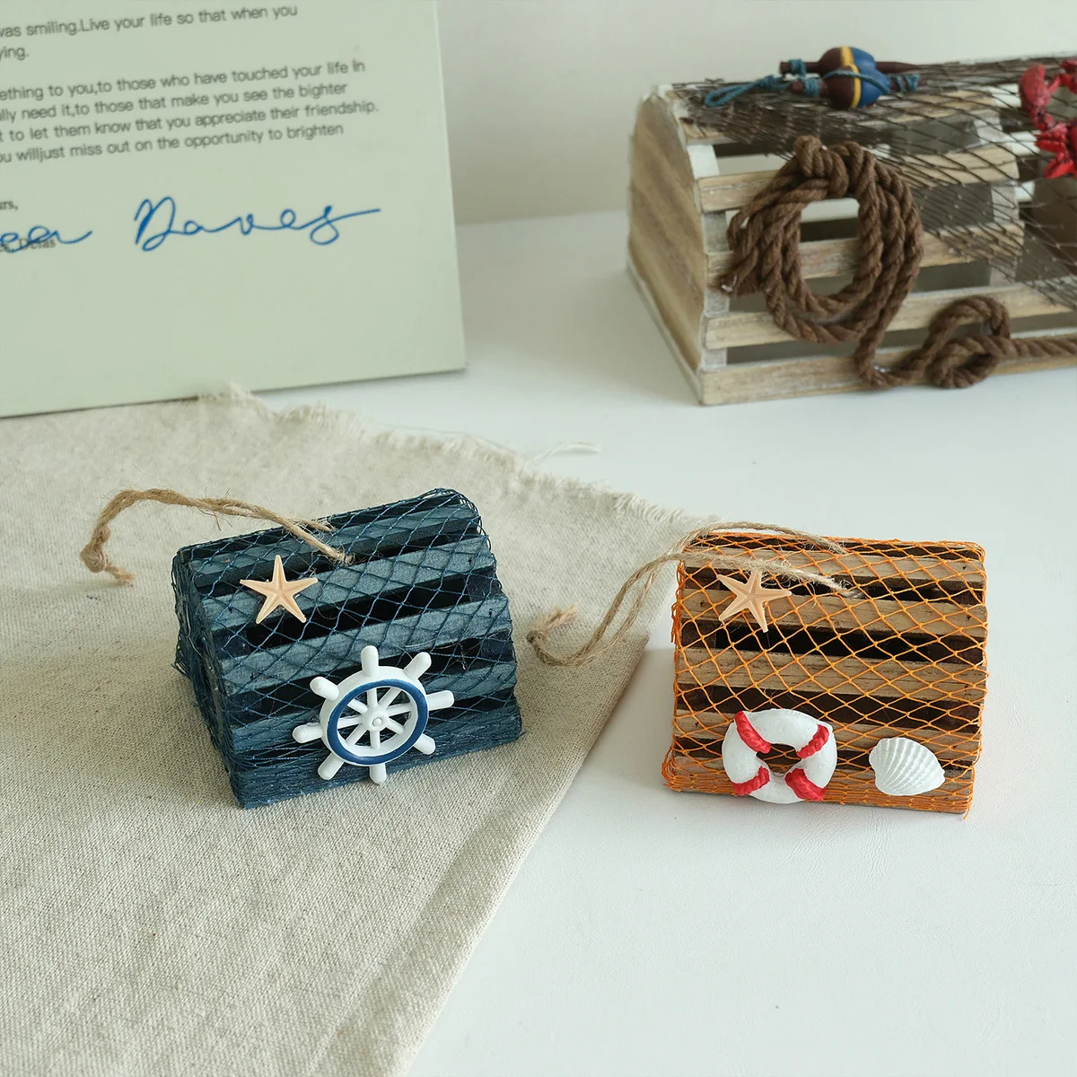 2027 Mediterranean Style Wooden Fishing Net Box Pendant Small Crab Shrimp Cage Desktop Crafts Ornaments Christmas Gift for Kids