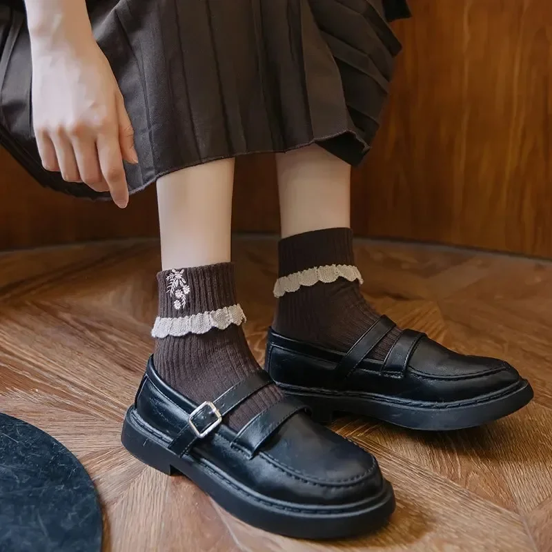 Japanese Kawaii Cute Socks JK Lolita Lace Frilly Ruffle Socks Women Fashion Flower Embroidery Harajuku Retro Vintage Crew Socks