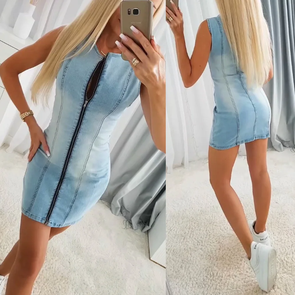 

Women Mid Length Dress Denim Dresses Slim Fit Vestidos Y2k Streetwear Sleeveless Zipper Elegant Splice Party Night Work 2026