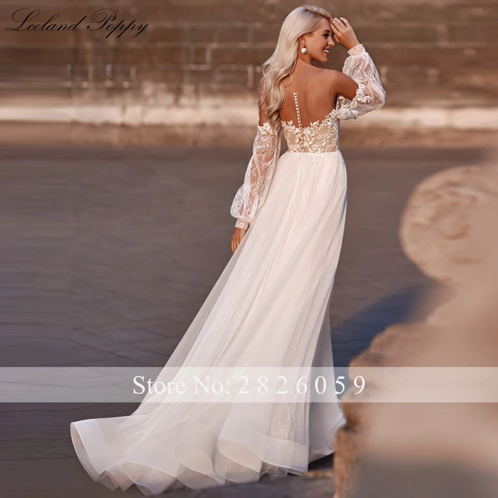 Lceland papoula personalizado uma linha colher pescoço vestido de casamento até o chão lanterna mangas rendas apliques glitter tule vestidos de noiva