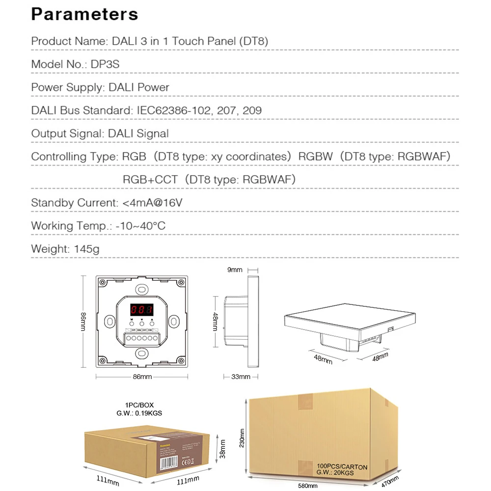 Miboxer DP3S 3In1 86 DALI DT8 إشارة DALI Bus Standard IEC62386-102,207,209 Touch RGB/RGBW/RGBCCT لوحة مضيف سطوع يعتم