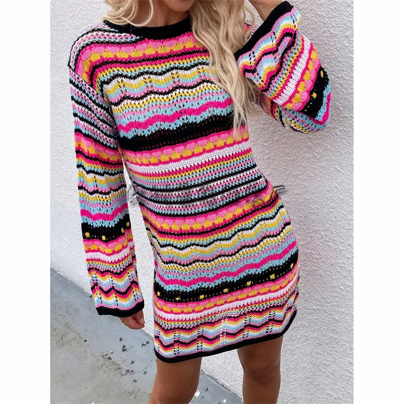 Rainbow Striped Knitted Pullover Dress，Women's New Autumn and Winter Fashion Splice Hollow Out Knit Long Pullover Sweater Y2k