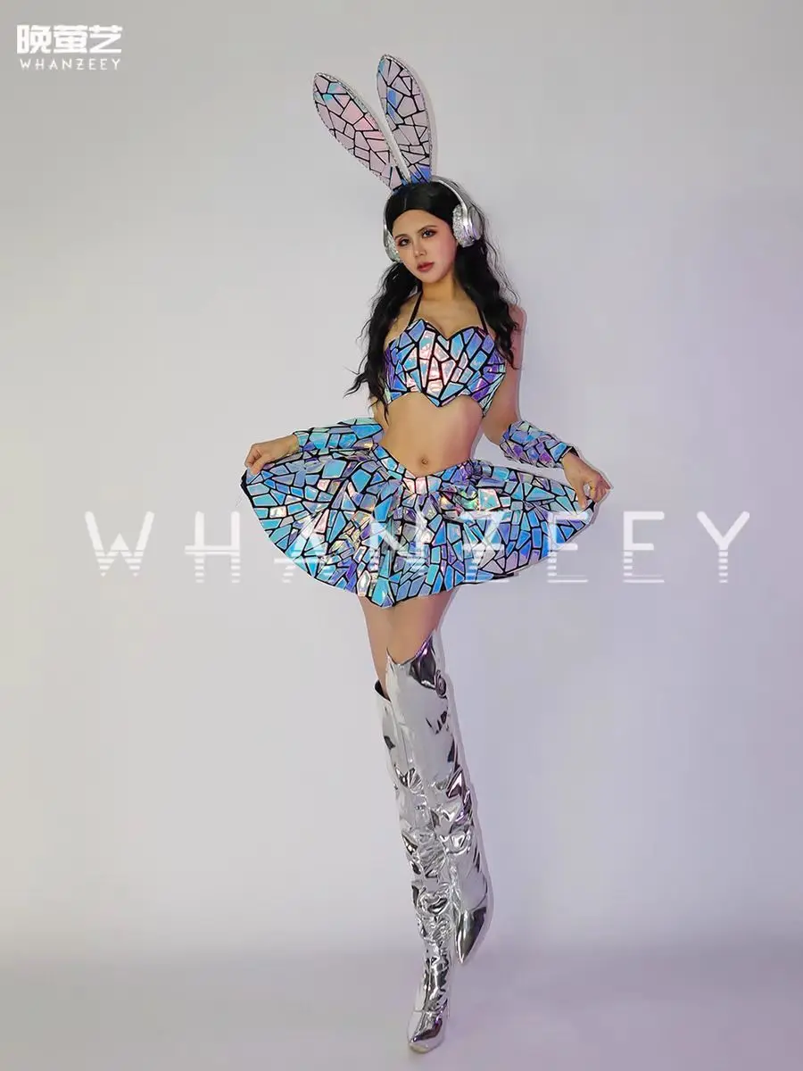 Nightclub Bar DJ Female Singer Performance Clothing Colorful Laser Lens Rabbit Ear Split Set Dance Team Party Theme Show