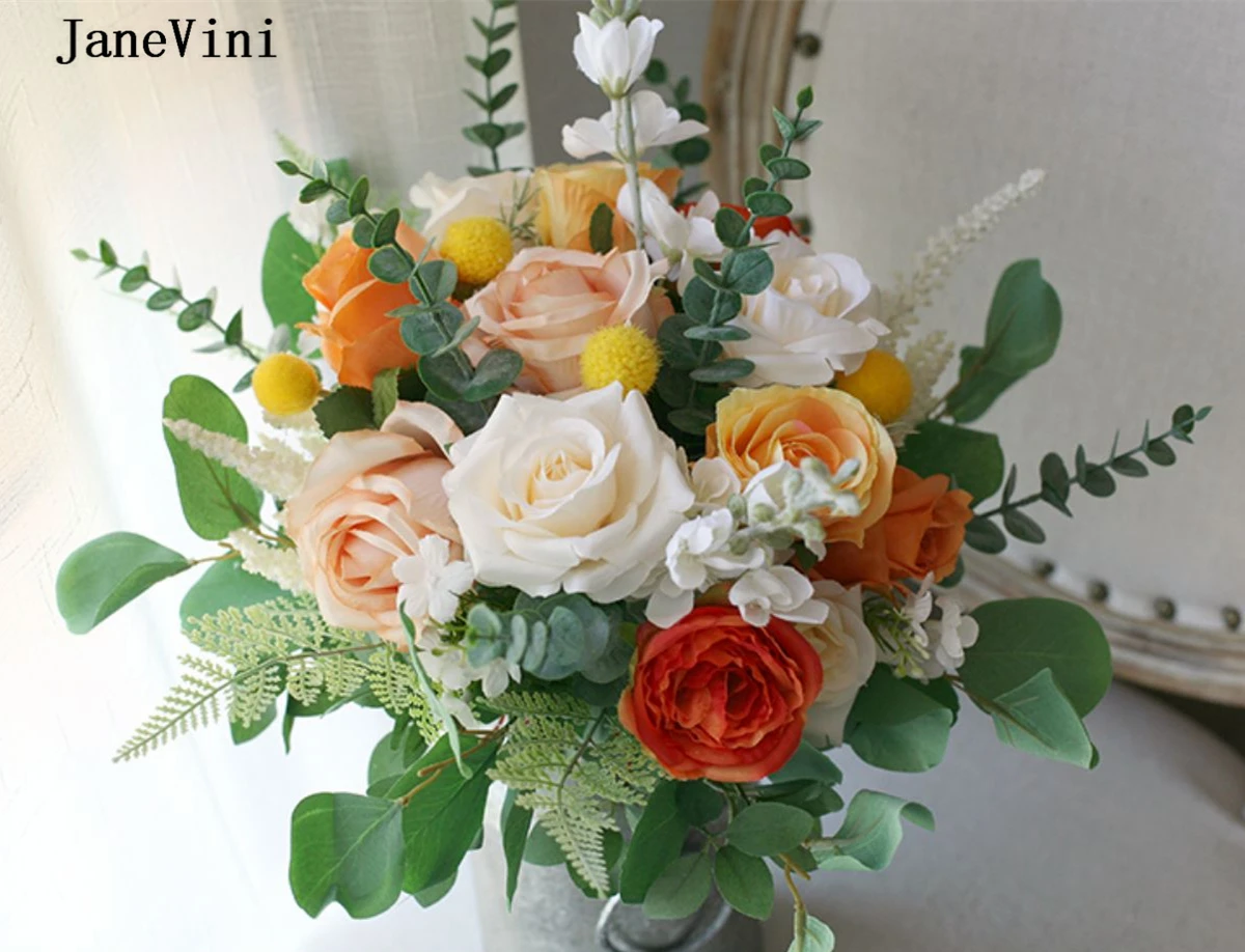 JaneVini – Bouquets De mariée romantiques, Roses jaunes et oranges, fleurs en soie faites à la main, hortensia Ramo De Novia