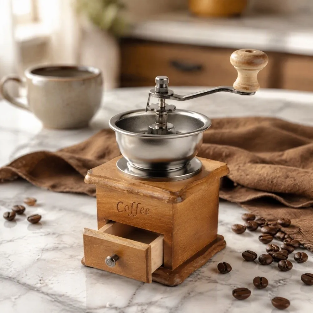 Retro Style Manual Bean Grinder Ceramic Grinding Core Mini Household Hand Coffee Grinder Vintage Crude Wood Portable