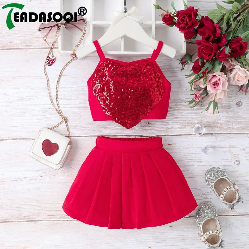 

6M-4Y Baby Girls Clothing Kids 2Pcs Suit Sleeveless Embroidered Sequins Heart Pullover Vest Top with Jumpsuit Romper Short Dress