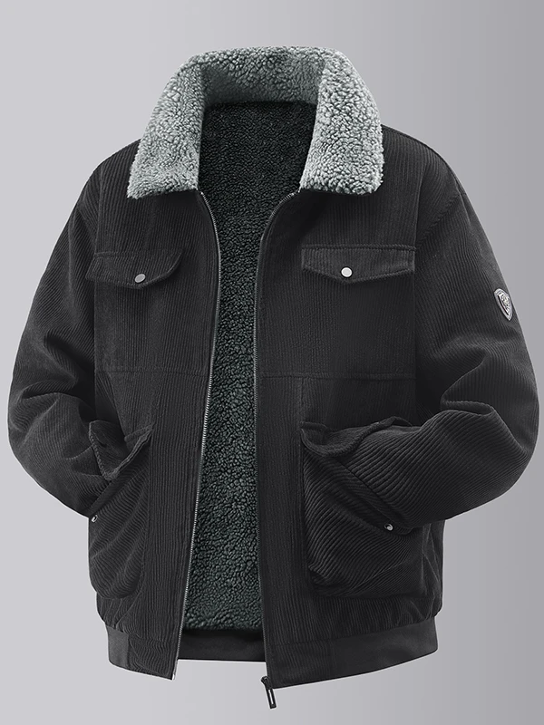 

Men's Winter Thiened Fce Lined Corduroy Jaet Loose Simple Sle Autumn Winter Flip Collar Cotton Coat Outerwear