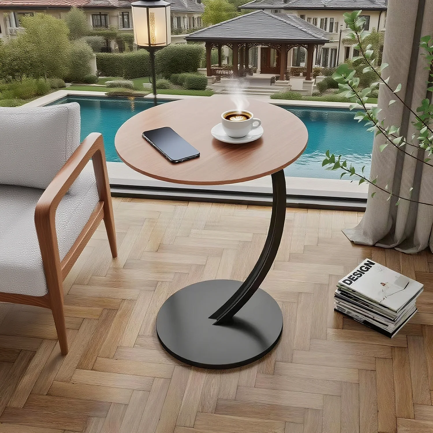 

Modern Round Outdoor Side Table: Wood - Top, Metal Base, Multifunctional for Patio, Balcony & Indoor Leisure