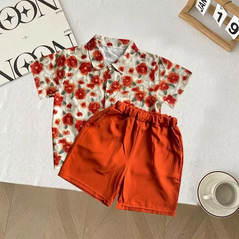Summer New Children's Rose Harbor Style Boys And Girls Casual Versatile Flower Shirt Two-piece Set
