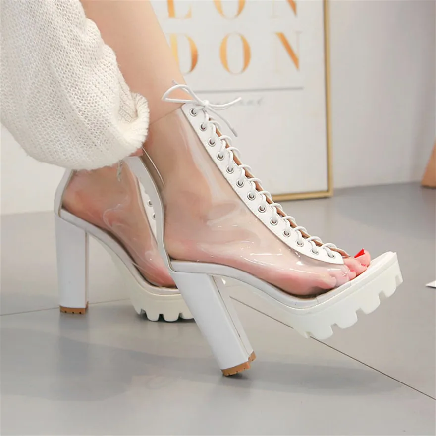 

Sexy Transparent PVC Summer Women Lace-Up Peep Toe Boots 2026 White Clear Ladies Zipper Fashion Platform Thick Heel Shoes Party