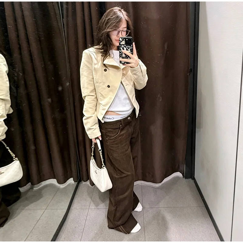 Damenmäntel mit Stehkragen, seitlicher Knopfleiste, einreihig, kurze Anzugjacke, Herbst, Bürodamen, langärmelig, schmaler Schnitt, neue Oberbekleidung – Detail 5